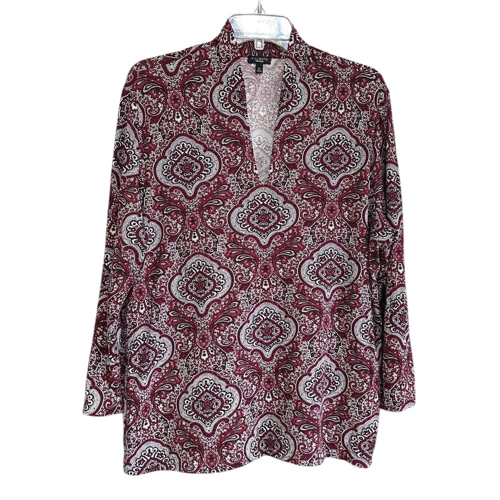 Talbots XL Red‎ Black Paisley Medallion Split Neck Long Sleeve Knit Top Artsy